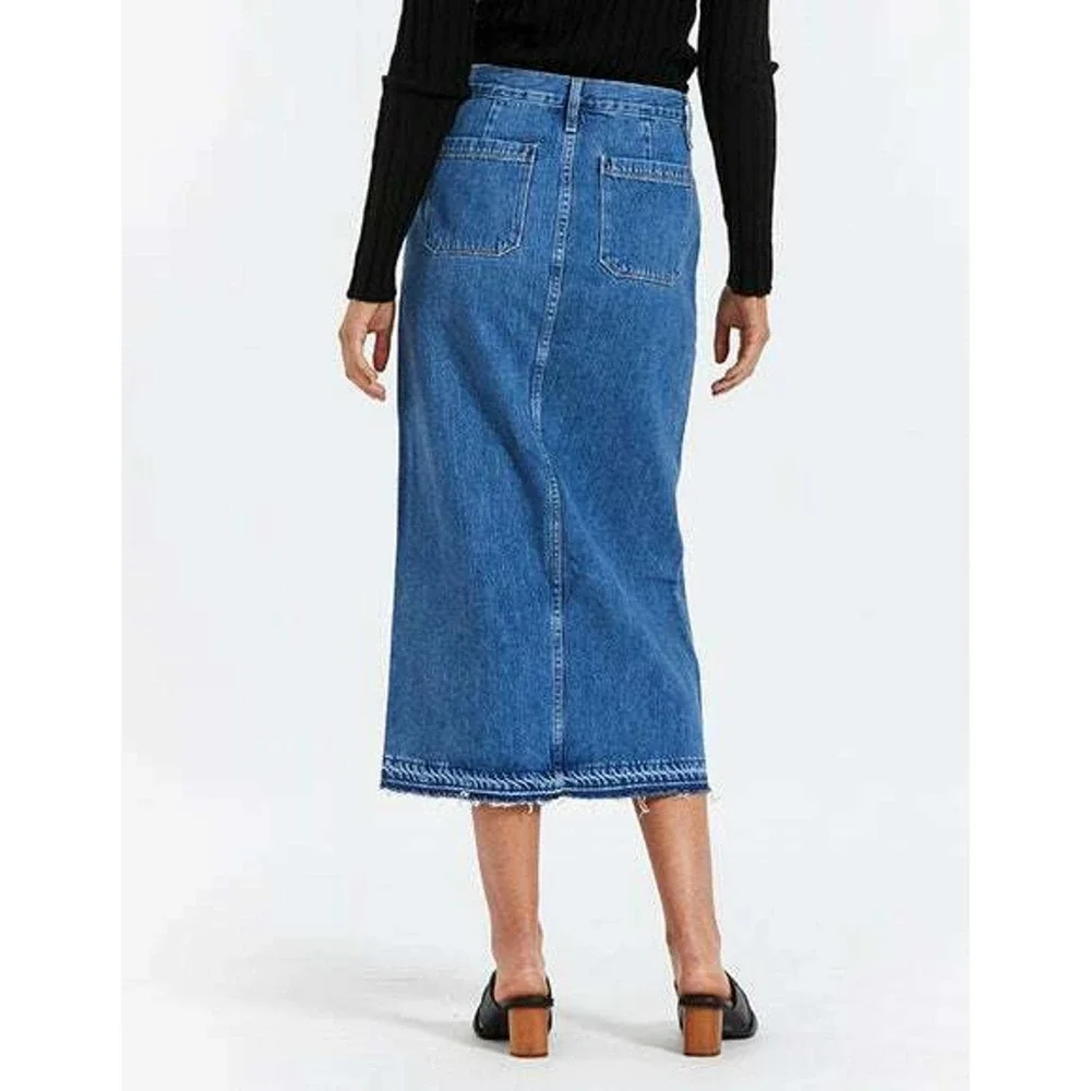 Frame Le Bardot Denim Jean Skirt Womens 24 Margolis Midi High Rise Raw Hem NEW - Picture 2 of 12